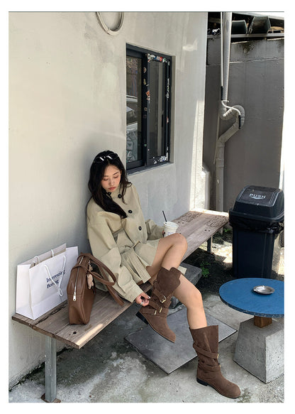 【H5400】實拍韓系慵懶卡其立領收腰風衣外套250902