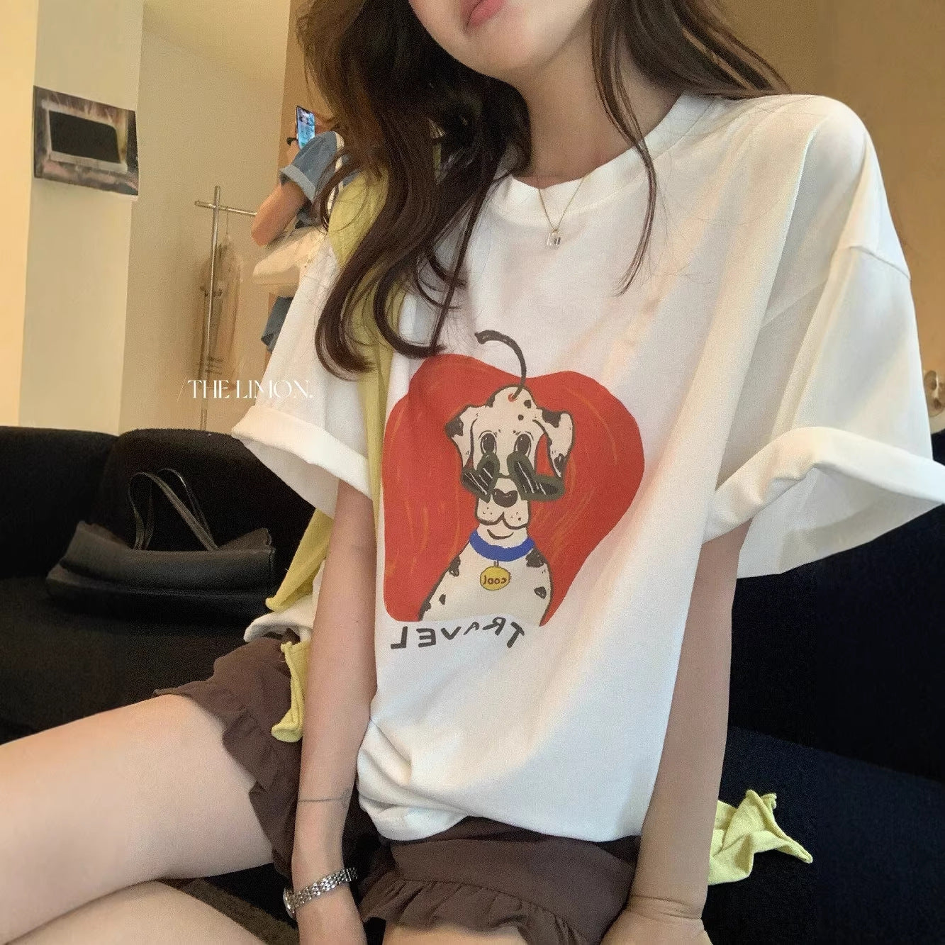 【L10358】童趣可愛減齡🐶韓系復古斑點狗卡通印花寬鬆短袖T恤260428