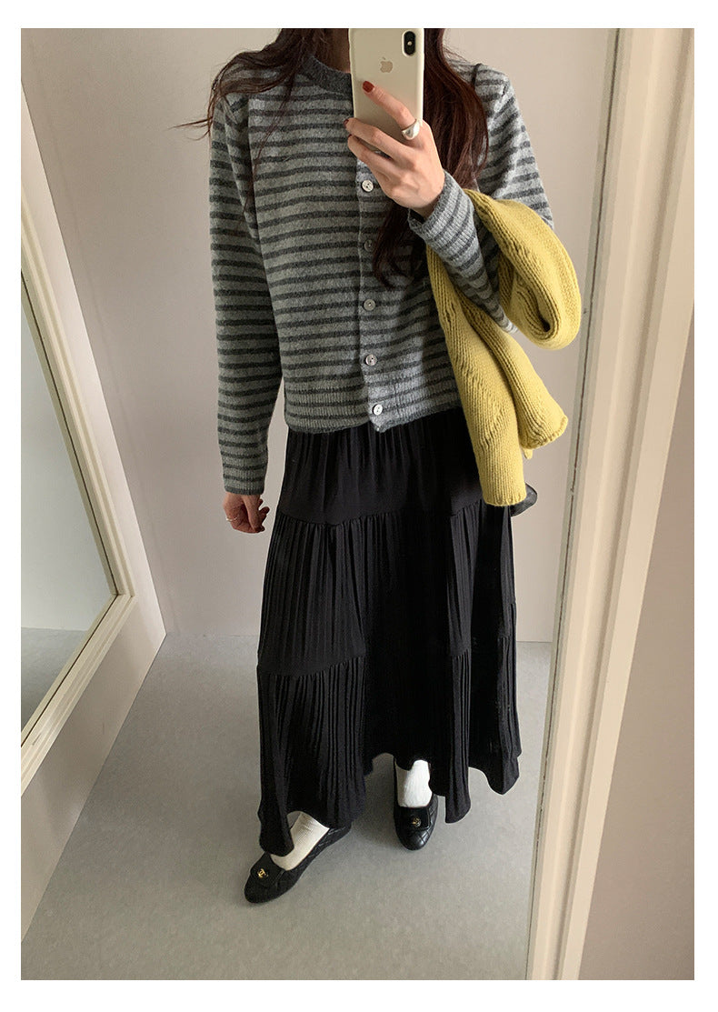 【H5476】實拍秋冬質感簡約細摺鬆緊腰a字傘裙251109