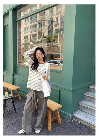 【H5386】實拍寬鬆薄款防曬圓領條紋長袖T恤250902