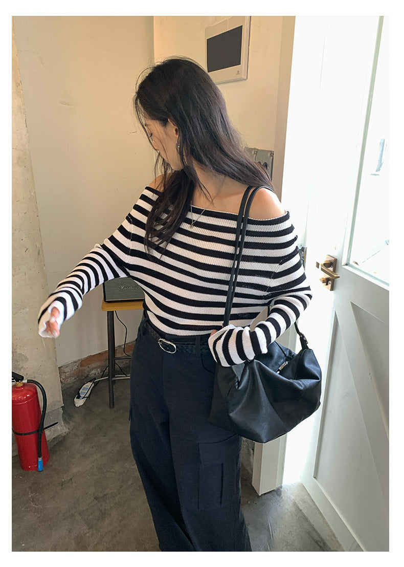 【H5399】實拍韓系簡約氣質一字領露肩針織衫250902