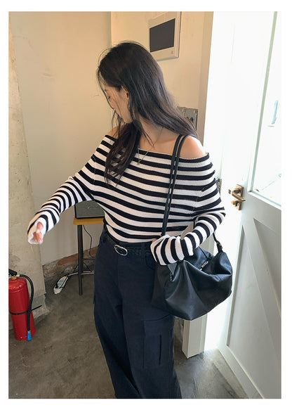 【H5399】實拍韓系簡約氣質一字領露肩針織衫250902