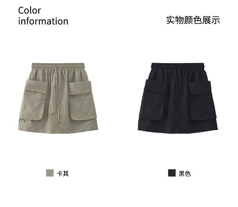 【H5129】實拍夏天休閒抽繩大口袋工裝裙（內有安全褲）250324