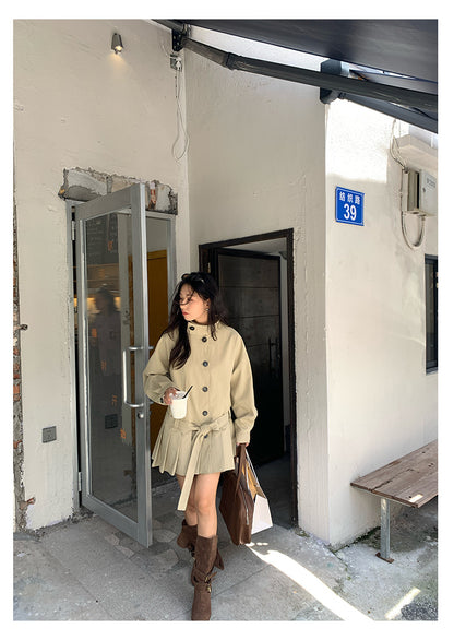 【H5400】實拍韓系慵懶卡其立領收腰風衣外套250902