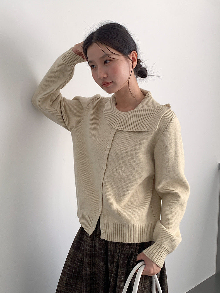 【LD11002】實拍秋冬法式設計感斜領針織毛衣外套251110