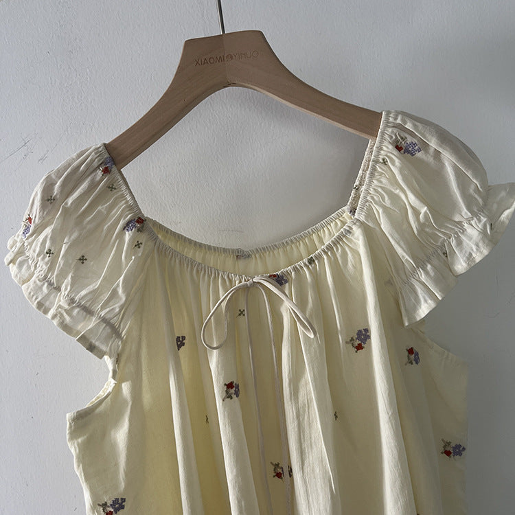 【LD11398】溫柔甜美仙女系🌸韓系氣質刺繡綁帶一字領短袖上衣/襯衫260720