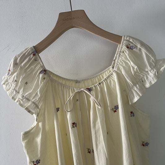 【LD11398】溫柔甜美仙女系🌸韓系氣質刺繡綁帶一字領短袖上衣/襯衫260720