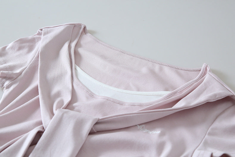 【LD11174】實拍設計感韓系絕美粉色帶披肩/綁帶假兩件短袖T恤260317