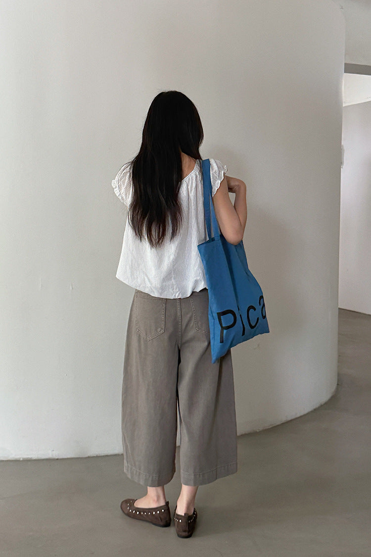 【LD11373】美式S~XL復古百搭👖水洗棉分割設計高腰顯瘦牛仔七分寬褲260630