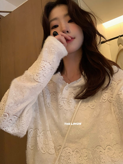 【L9359】實拍檸檬秋冬重工鈎花蕾絲寬鬆連帽蕾絲衫251117