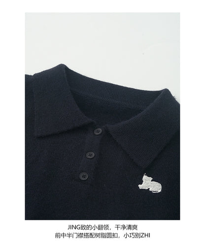 【H564】實拍貓咪刺繡Polo針織衫251021