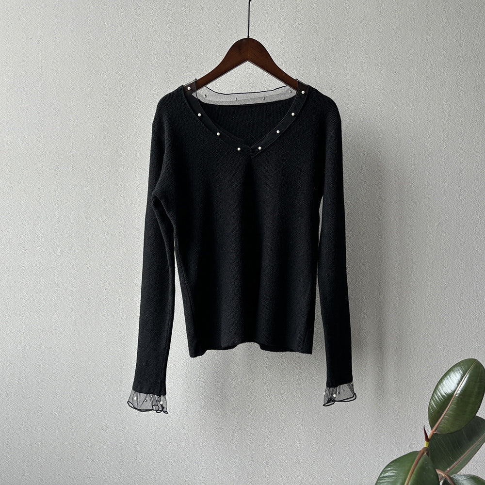 在台現貨【YP622】實拍法式珍珠網紗長袖針織衫251224