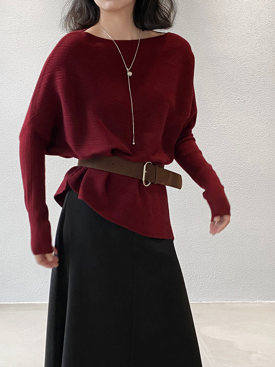 【cim9033】實拍韓系高級感長袖斜肩針織衫＋腰帶251030