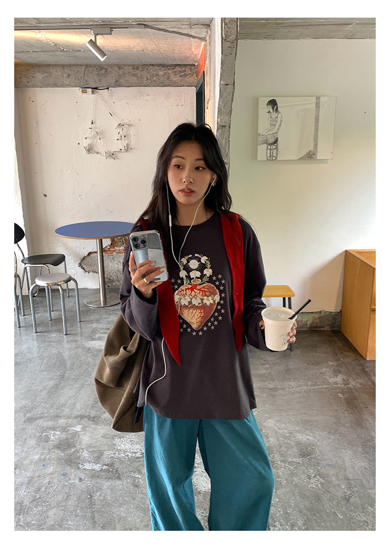 【H5397】實拍韓系甜美少女寬鬆長袖T恤250902