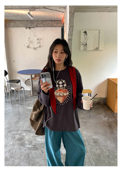 【H5397】實拍韓系甜美少女寬鬆長袖T恤250902