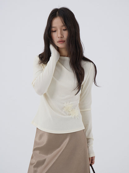【LD3277】實拍立體花朵長袖一字領T恤251103