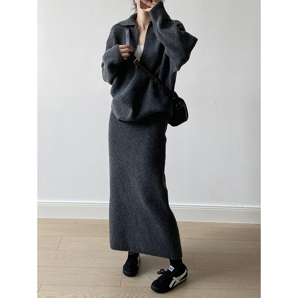 【YP680】 實拍深V慵懶毛衣＋針織長裙(含羊6%) 套裝251023