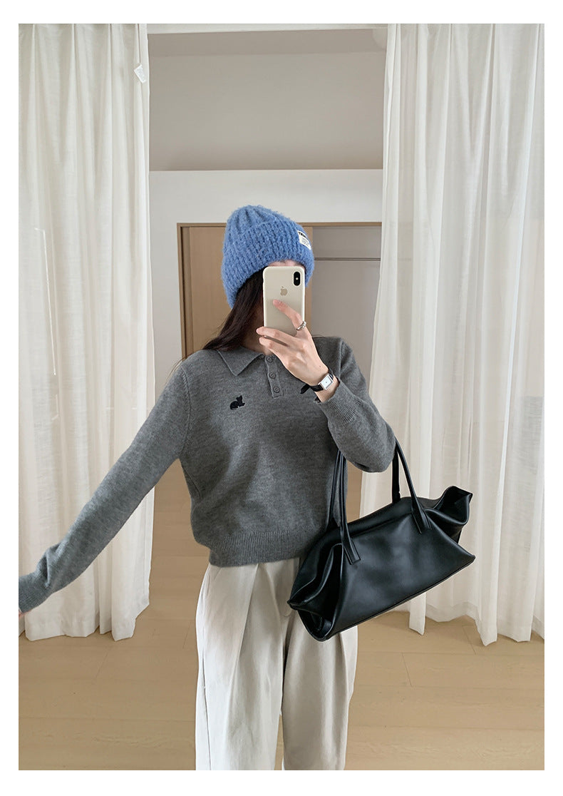 【H564】實拍貓咪刺繡Polo針織衫251021