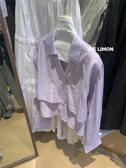 【L8359】實拍檸檬設計款假兩件長袖短版襯衫250414