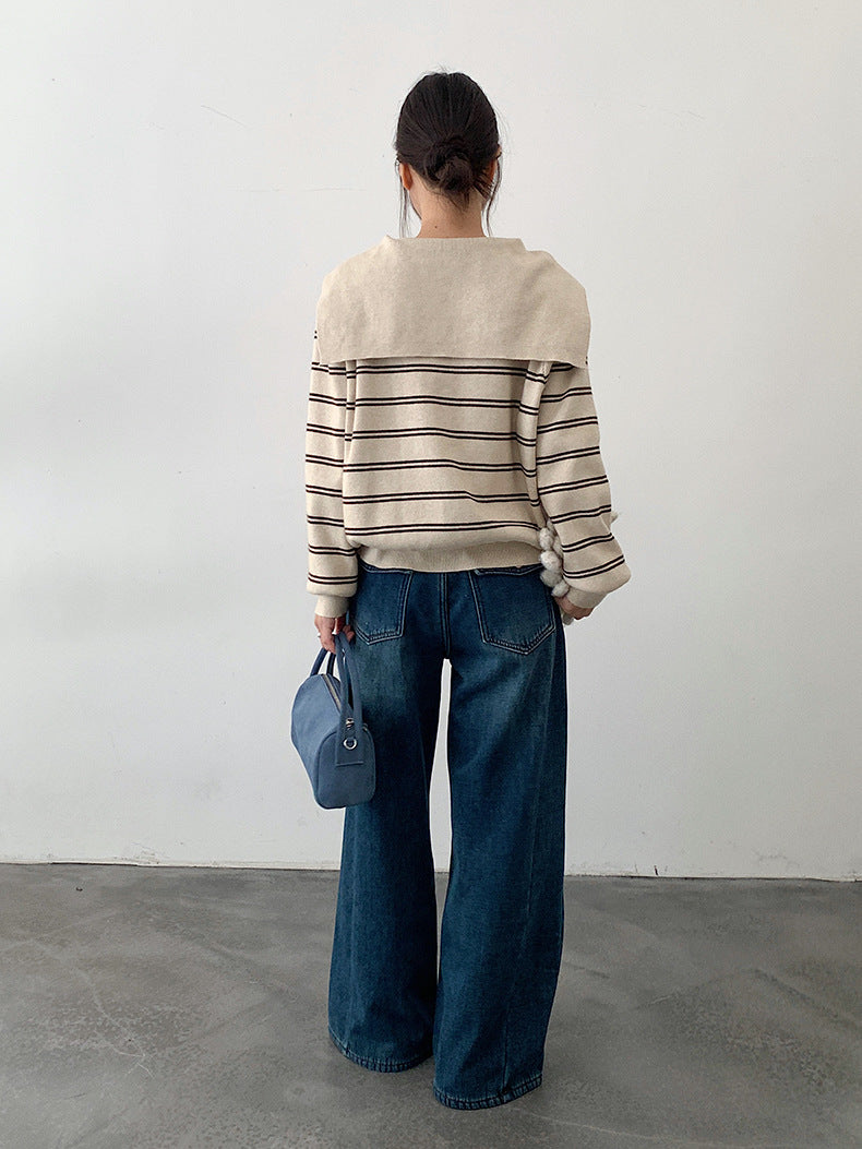 【LD11036】實拍雙頭拉鍊海軍領條紋針織開衫251202