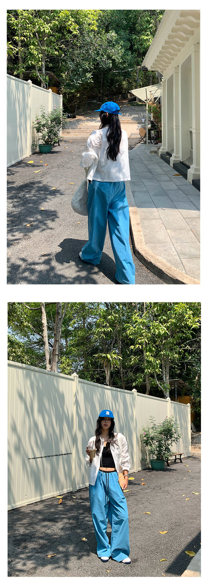 【H5164】實拍夏天舒適休閒格紋寬鬆闊腿褲抽繩鬆緊腰250407