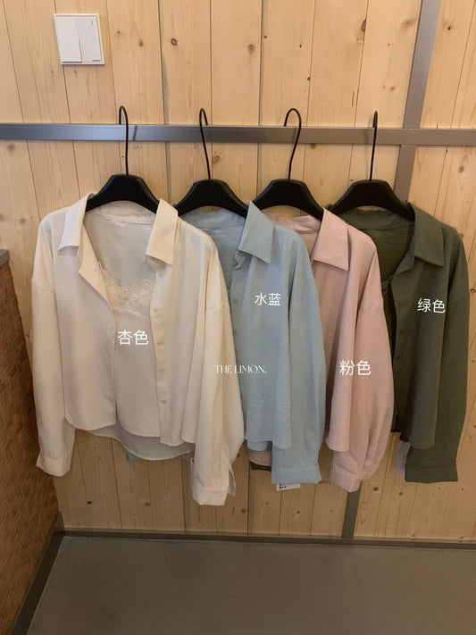 【L11322】檸檬家绿法式慵懶・蕾絲細肩帶＋寬鬆長袖天絲襯衫260921