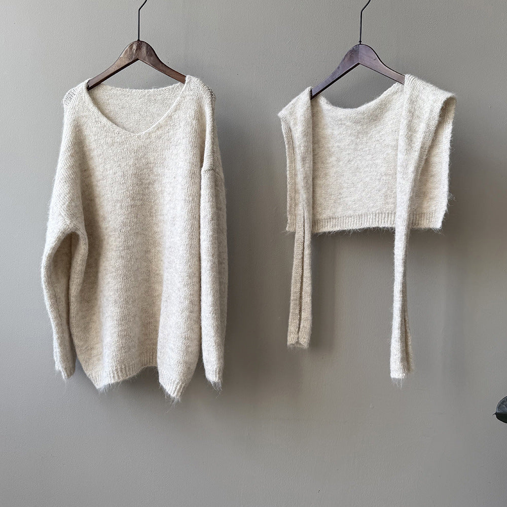 【Y25805】 實拍溫柔軟糯V領毛衣+針織披肩(含羊毛3％）251023