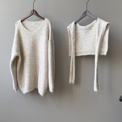 【Y25805】 實拍溫柔軟糯V領毛衣+針織披肩(含羊毛3％）251023