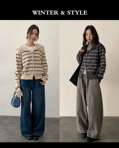 【LD11036】實拍雙頭拉鍊海軍領條紋針織開衫251202