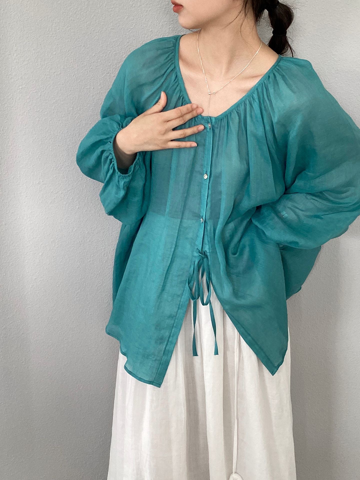 【cimz6521】會呼吸的防曬100%苧麻燈籠袖兩穿長袖襯衫/薄外套260402