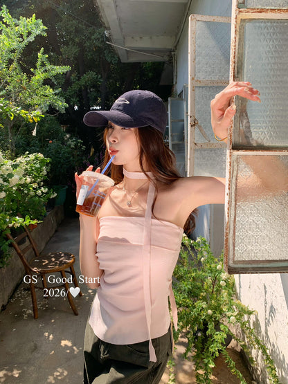【LD1121】法式純慾微性感🎀簡約百搭平口針織背心(附飄帶)260323