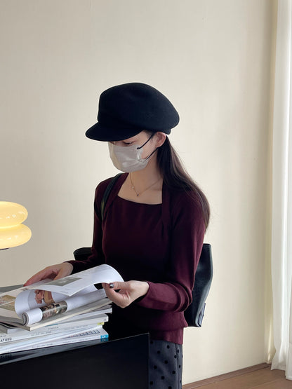 【cimYL1092】實拍方領顯瘦毛衣女假兩件氣質長袖針織衫241030