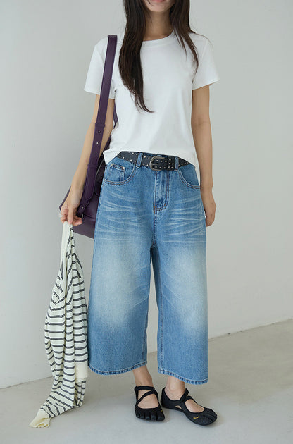 【LD11179】實拍S~XL美式復古時髦✨水洗藍刷破貓鬚寬鬆九分牛仔寬褲260317