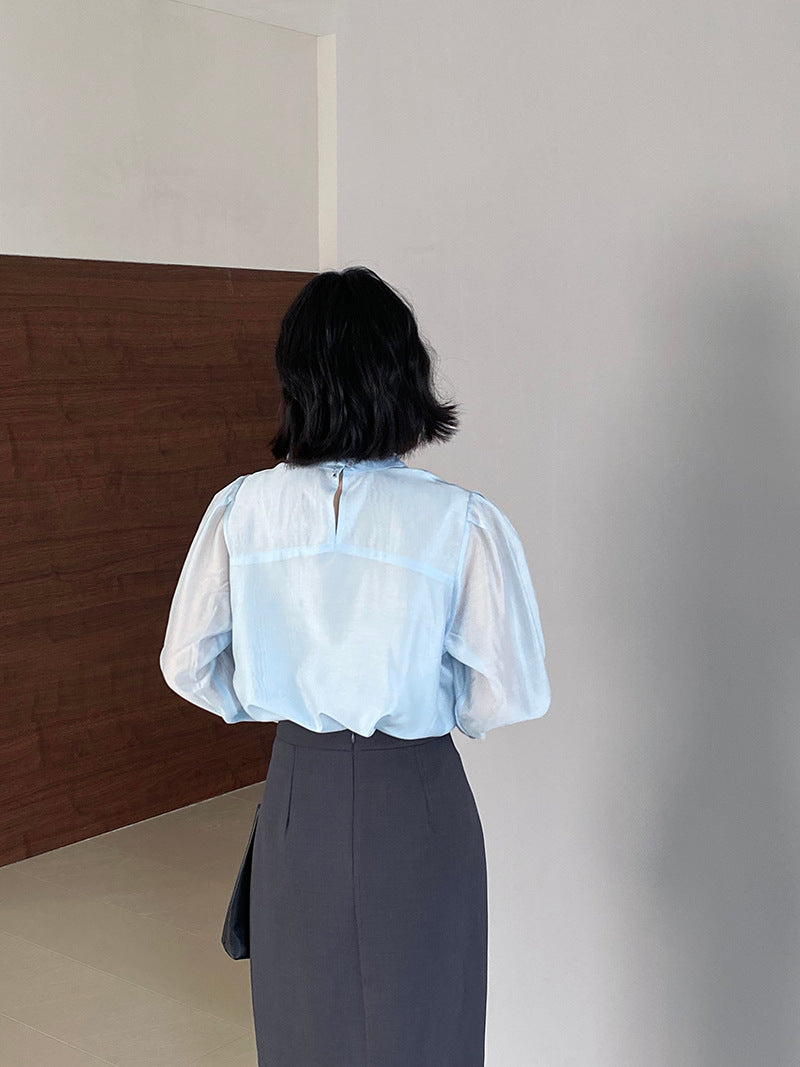 【cimz1186】韓系知性通勤🤍質感蝴蝶結飄帶天絲半高領長袖襯衫260319