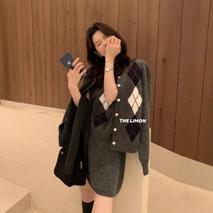 【L6880】實拍檸檬秋冬菱格針織開衫+圓領背心+針織裙251117