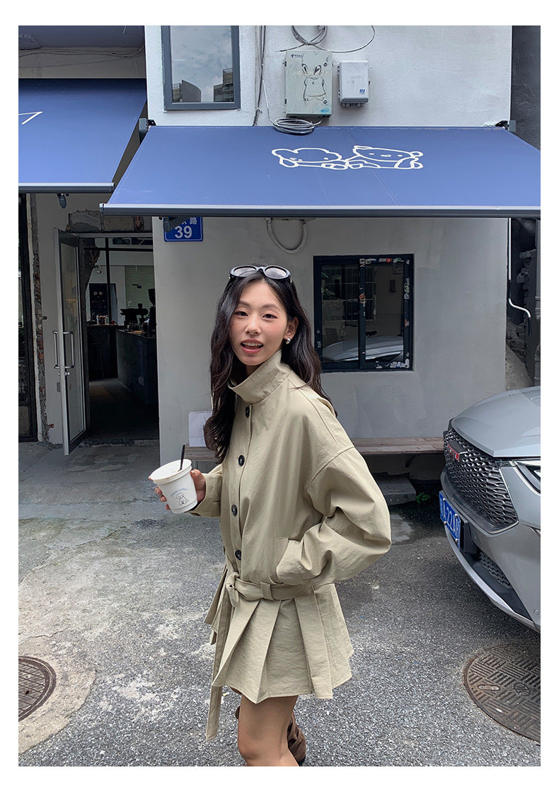【H5400】實拍韓系慵懶卡其立領收腰風衣外套250902