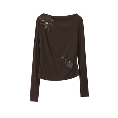 【LD3277】實拍立體花朵長袖一字領T恤251103