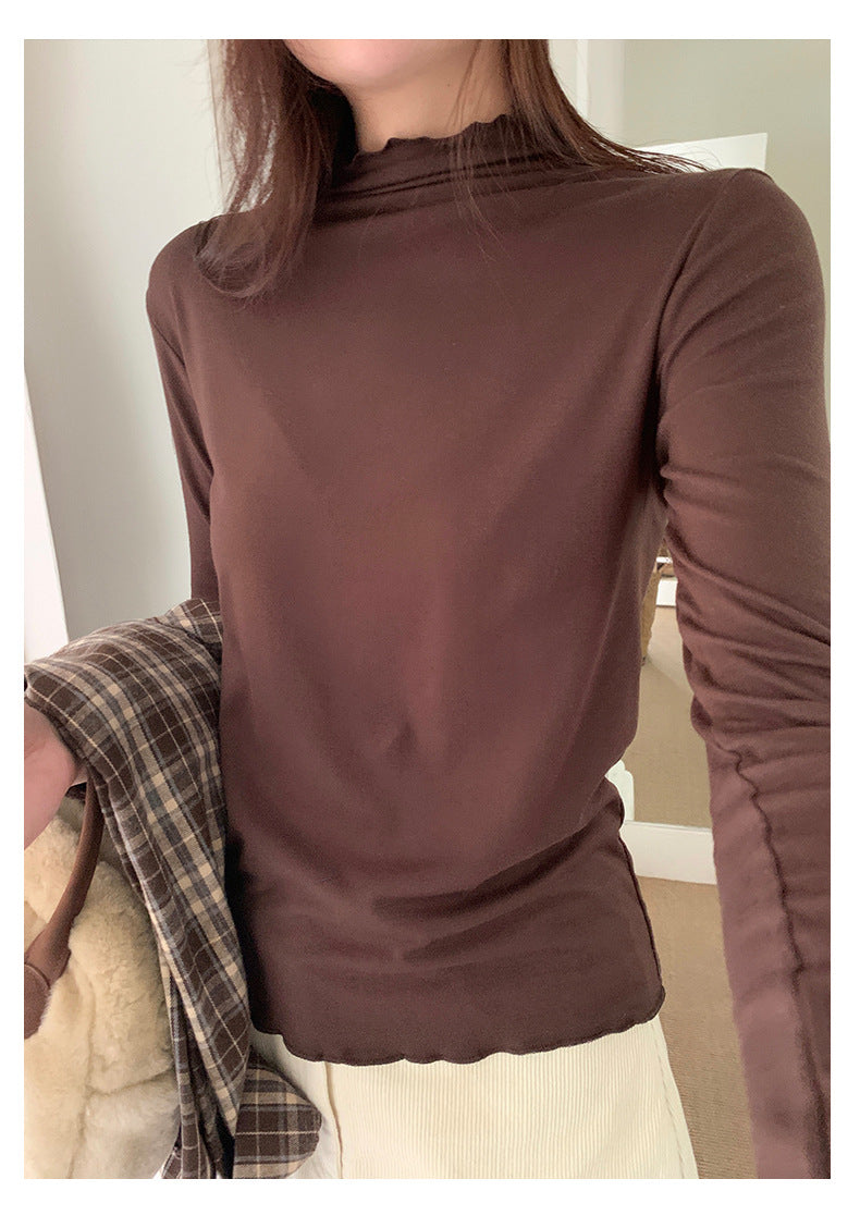 【H568】實拍基礎款木耳邊半高領純色打底衫251021