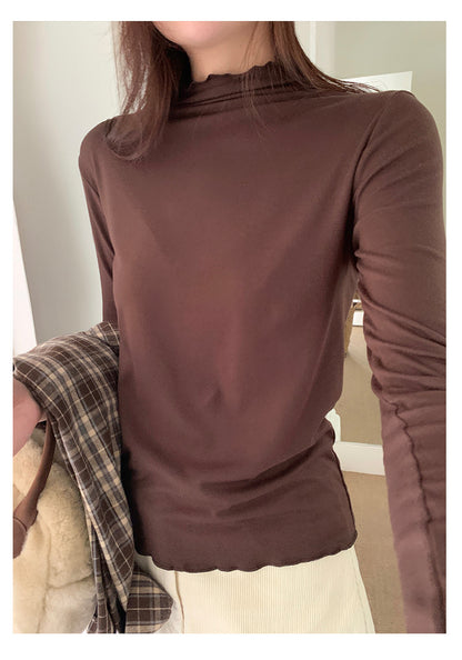 【H568】實拍基礎款木耳邊半高領純色打底衫251021