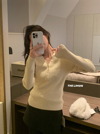 【L99909】檸檬秋冬超修身V領纽扣長袖針織衫251117