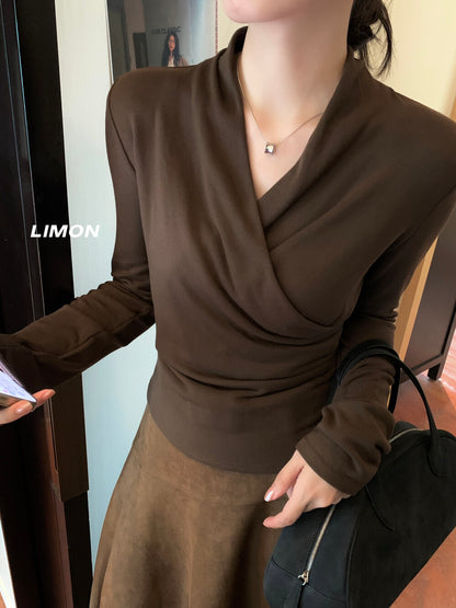 【L9312】檸檬法式簡約交叉羊絨薄绒V領長袖T恤251117