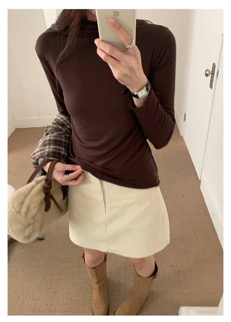 【H568】實拍基礎款木耳邊半高領純色打底衫251021