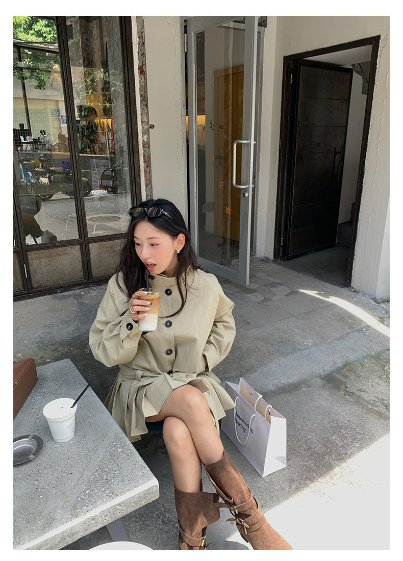 【H5400】實拍韓系慵懶卡其立領收腰風衣外套250902