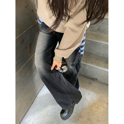 【H5402】實拍復古做舊洗水黑灰色廓形牛仔褲250902