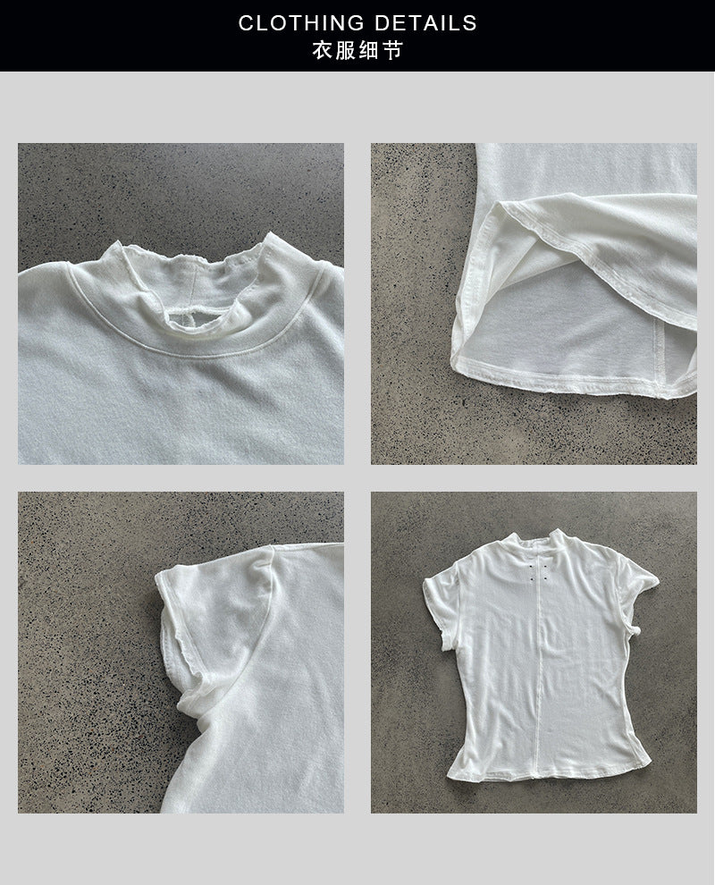 【cimH66207】極簡百搭・正肩半高領毛邊短袖t-shirt 260828