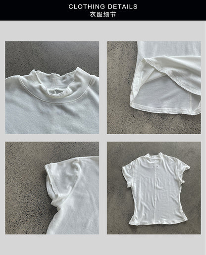 【cimH66207】極簡百搭・正肩半高領毛邊短袖t-shirt 260828