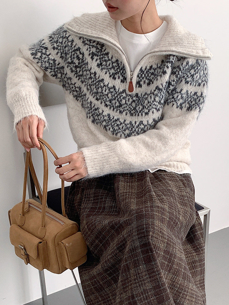 【LD11004】實拍兔絨毛混紡費爾島針織毛衣半拉鏈大翻領251110