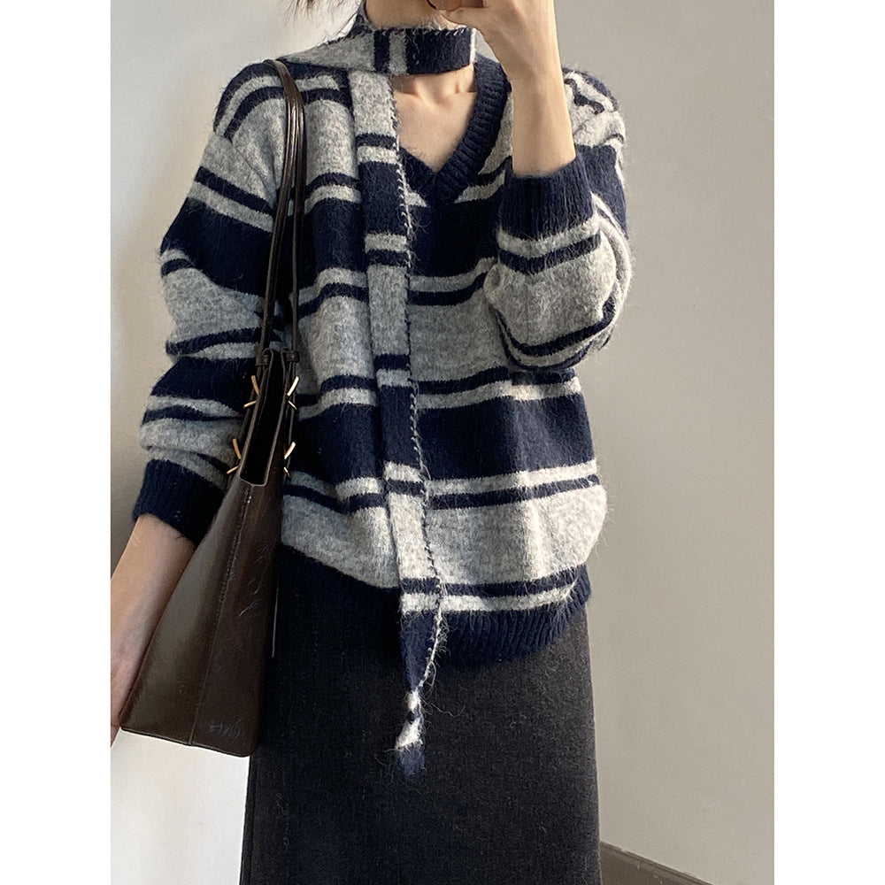 【Y25109】 實拍慵懶條紋V領毛衣＋圍巾(含羊毛3%) 251023