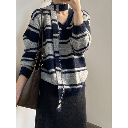 【Y25109】 實拍慵懶條紋V領毛衣＋圍巾(含羊毛3%) 251023