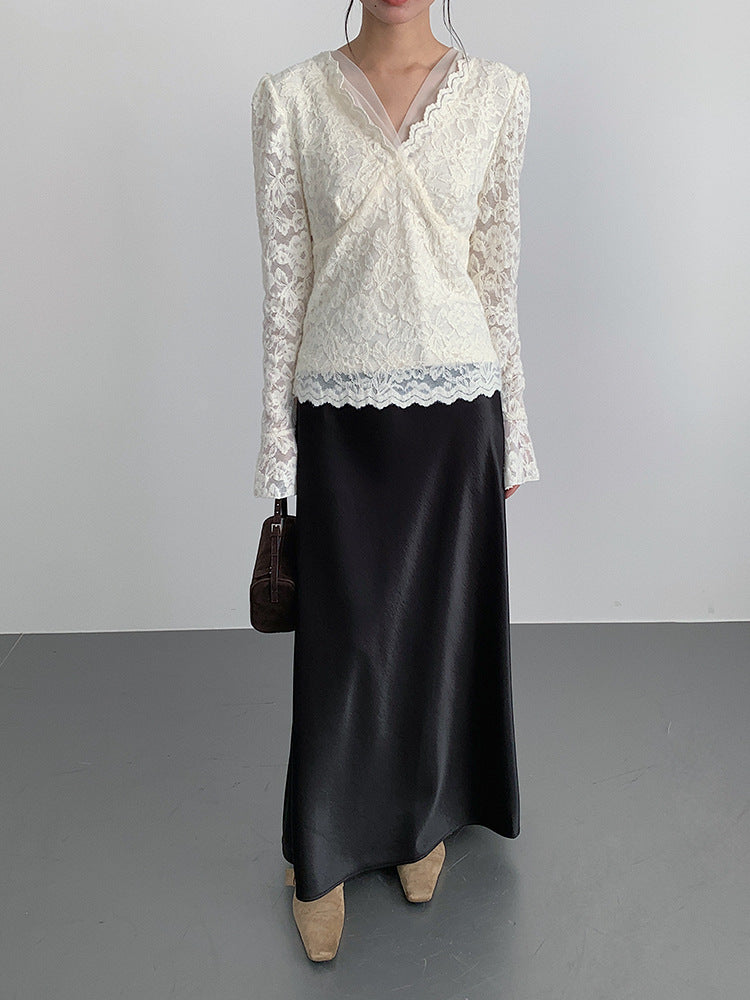 【LD3295】實拍法式喇叭袖加絨蕾絲衫251103